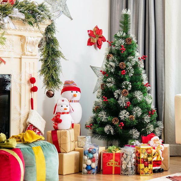 4 英尺白雪人造圣诞树，预先装饰有松果和红浆果-11