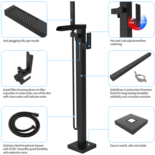恒温独立式浴缸水龙头瀑布式浴缸填充器黑色落地黄铜浴室水龙头带手动淋浴器【周末无法发货，请谨慎下单】-4