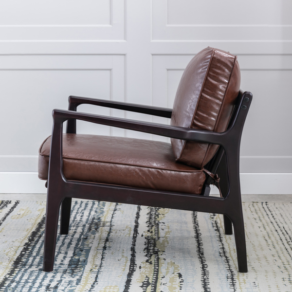 木框架扶手椅，易于组装的中世纪现代风格椅子休闲椅，适用于客厅、卧室、家庭办公室，棕色 PU-5