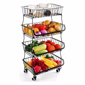 厨房水果蔬菜储物篮 - 4 层可堆叠金属线篮手推车带滚轮实用水果架生产零食收纳箱