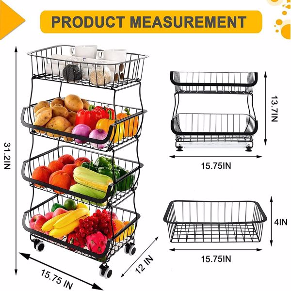 厨房水果蔬菜储物篮 - 4 层可堆叠金属线篮手推车带滚轮实用水果架生产零食收纳箱-5