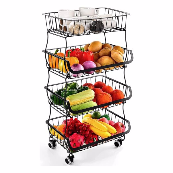 厨房水果蔬菜储物篮 - 4 层可堆叠金属线篮手推车带滚轮实用水果架生产零食收纳箱-1