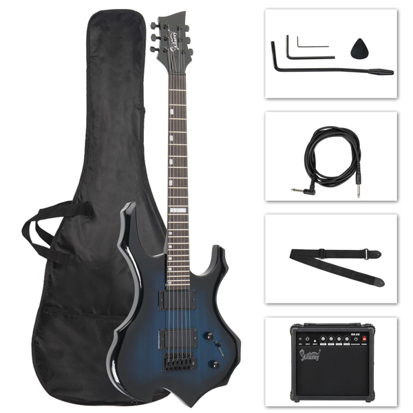 【AM不售卖】Glarry 封闭式双-双拾音器 科技木指板 化蓝色 火焰电吉他+音箱套装-1