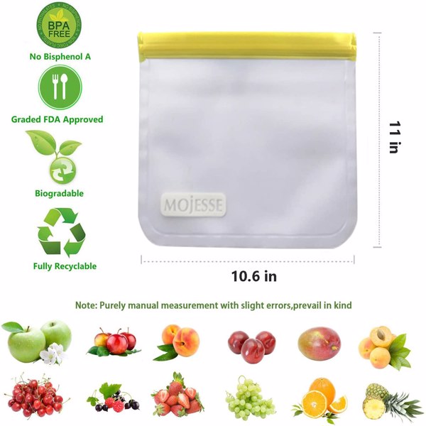 可重复使用的食品收纳袋子三明治袋子 - 5 件装防漏冷冻加仑袋 BPA 免费 - 超厚耐用可重复使用的储物袋 - 可重复使用的零食袋，用于食品水果旅行用品收纳-5