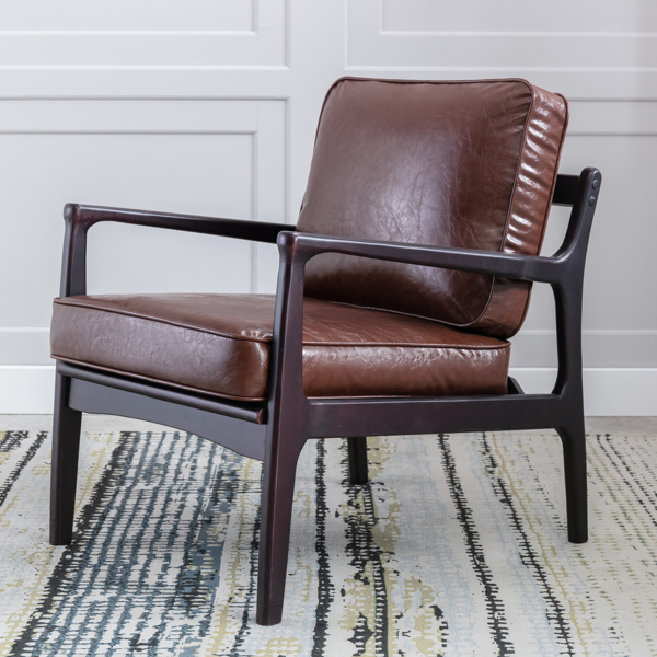 木框架扶手椅，易于组装的中世纪现代风格椅子休闲椅，适用于客厅、卧室、家庭办公室，棕色 PU-2