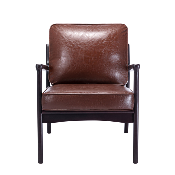木框架扶手椅，易于组装的中世纪现代风格椅子休闲椅，适用于客厅、卧室、家庭办公室，棕色 PU-7