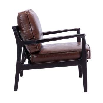 木框架扶手椅，易于组装的中世纪现代风格椅子休闲椅，适用于客厅、卧室、家庭办公室，棕色 PU