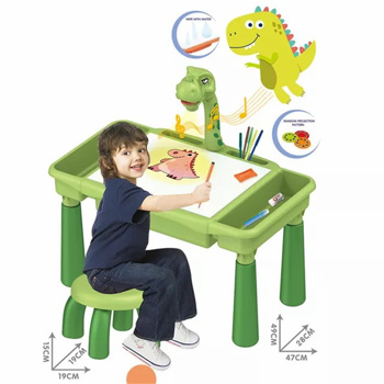 带儿童椅子的大型绘图投影仪桌，带灯光和音乐的儿童投影绘图板，儿童投影仪绘图套装 3+（恐龙）