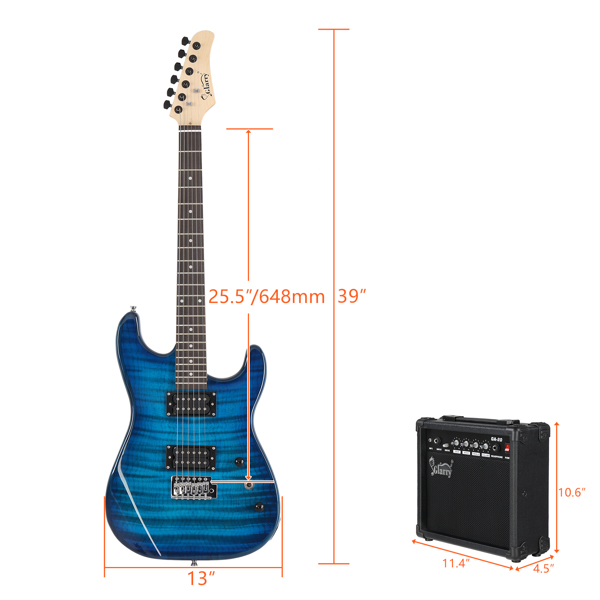 【AM不售卖】Glarry GST 双双拾音器 带虎纹 科技木指板 化蓝色 ST电吉他+音箱套装-52