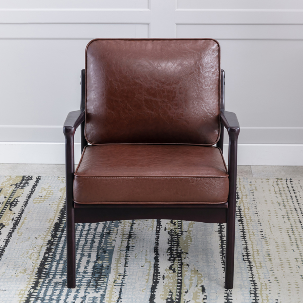 木框架扶手椅，易于组装的中世纪现代风格椅子休闲椅，适用于客厅、卧室、家庭办公室，棕色 PU-11
