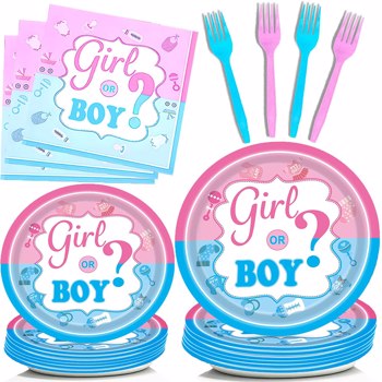 （FBA仓发货）性别揭示餐具盘婴儿送礼会男孩或女孩生日派对用品一次性纸餐具套装可供 16 位男孩儿童完美盘子、餐巾纸、叉子 64 件