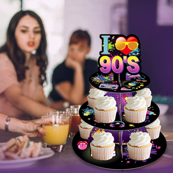 90 年代纸板纸杯蛋糕架支架塔 3 层圆形甜点糕点服务托盘，适用于 12-18 岁纸杯蛋糕生日派对用品餐桌装饰-11