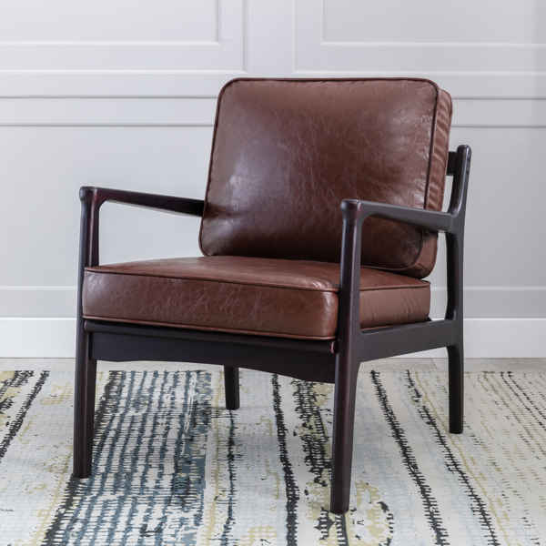 木框架扶手椅，易于组装的中世纪现代风格椅子休闲椅，适用于客厅、卧室、家庭办公室，棕色 PU-13