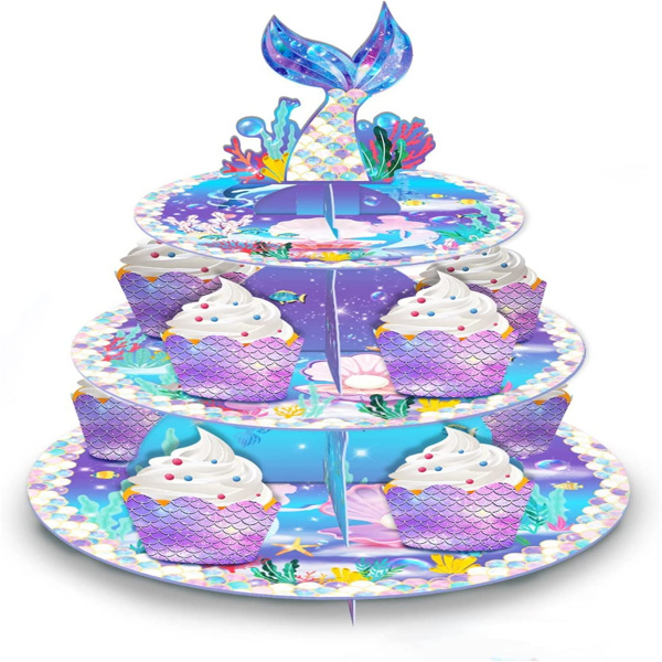 美人鱼蛋糕架甜点桌展示套装服务托盘 3 层纸板纸杯蛋糕架架塔圆形甜点糕点生日派对用品 12-18 纸杯蛋糕-1