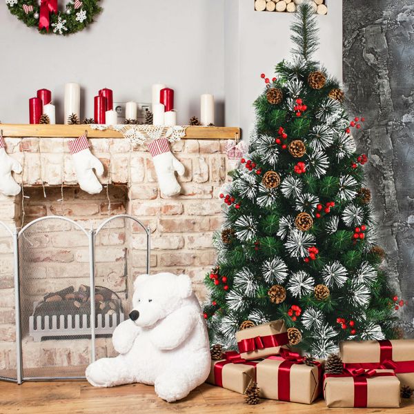 4 英尺白雪人造圣诞树，预先装饰有松果和红浆果-14