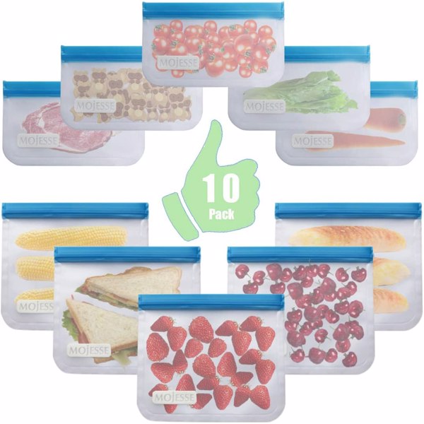 可重复使用的食品收纳袋子三明治袋子 - 10 件装防漏冷冻加仑袋 BPA 免费 - 超厚耐用可重复使用的储物袋 - 可重复使用的零食袋，用于食品水果旅行用品收纳-9