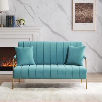 现代舒适的蓝色澳大利亚羊绒布艺沙发，带两个抱枕的舒适双人沙发