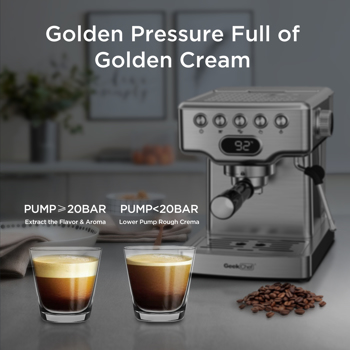 Geek Chef 浓缩咖啡机，20 巴浓缩咖啡机，带牛奶起泡器，适用于拿铁、卡布奇诺、玛奇朵，家用浓缩咖啡机，1.8 升水箱，不锈钢