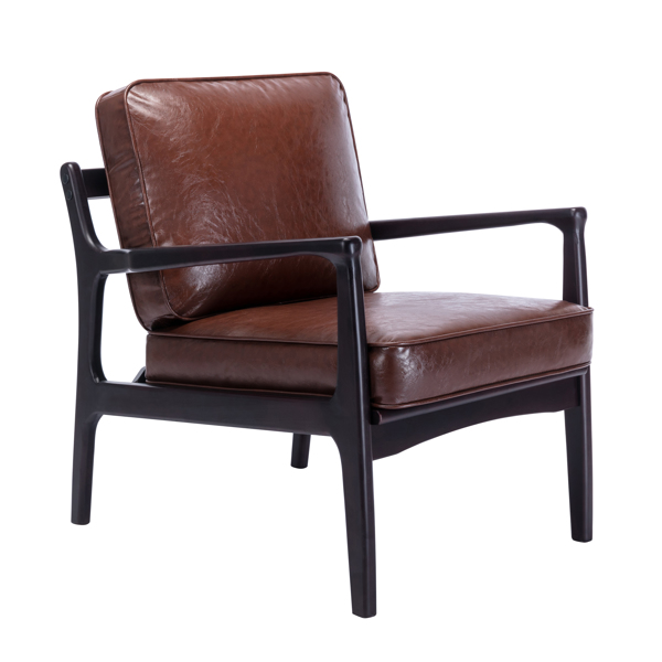 木框架扶手椅，易于组装的中世纪现代风格椅子休闲椅，适用于客厅、卧室、家庭办公室，棕色 PU-8