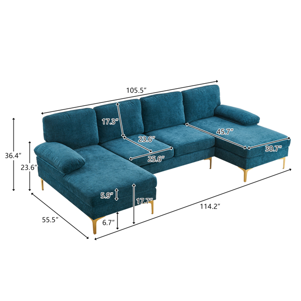 U型 带两贵妃 镀金脚 4人位 室内组合沙发 雪尼尔 蓝绿色 -6