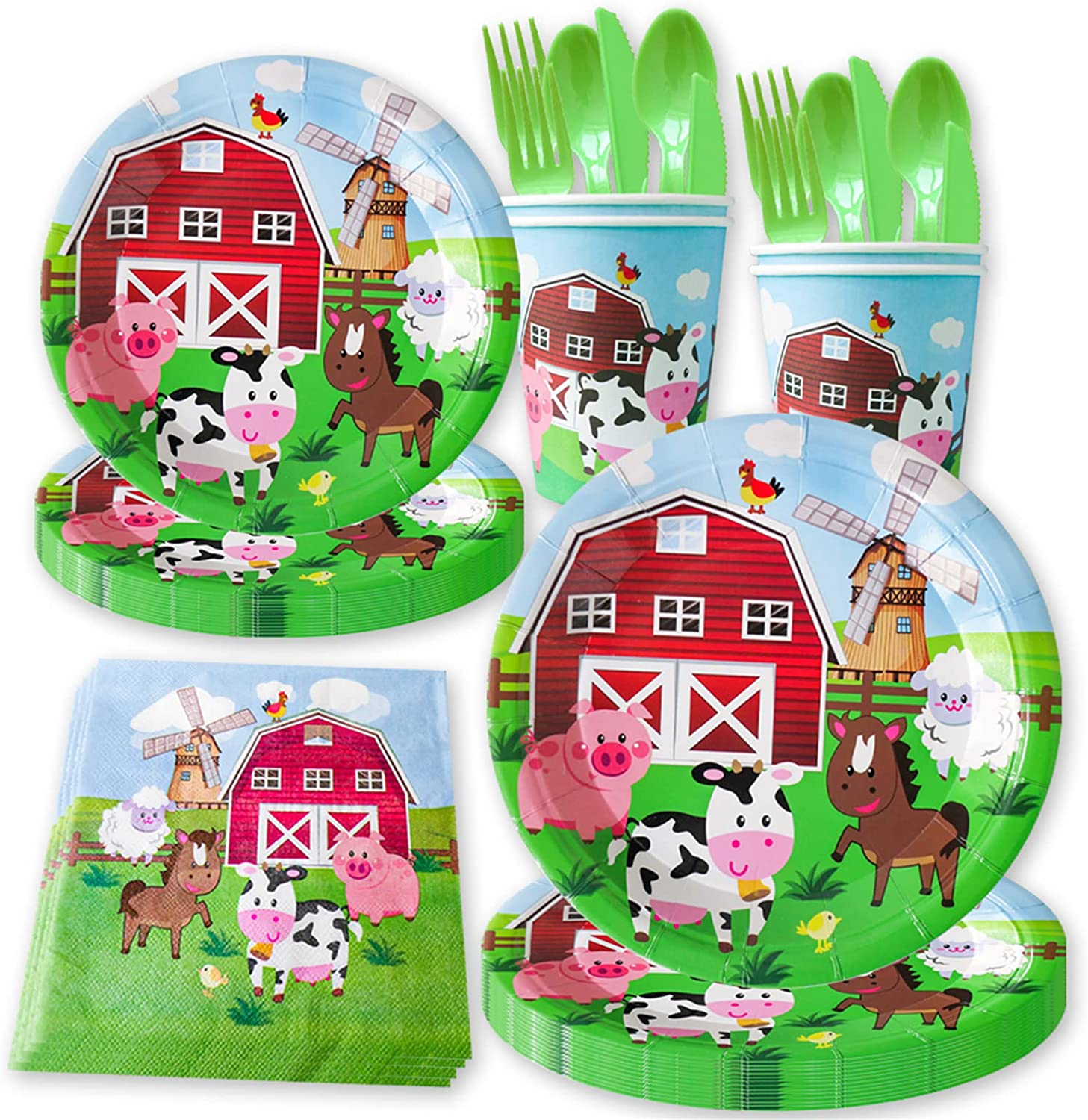  Farm Animals Tableware Party Supplies Decorations Birthday Disposable Paper Plate Dinnerware Set Serves 10 Guests for Boy Kids Perfect Packs Plates, Napkins, Cups, Forks , Knife, Spoons 70PCS