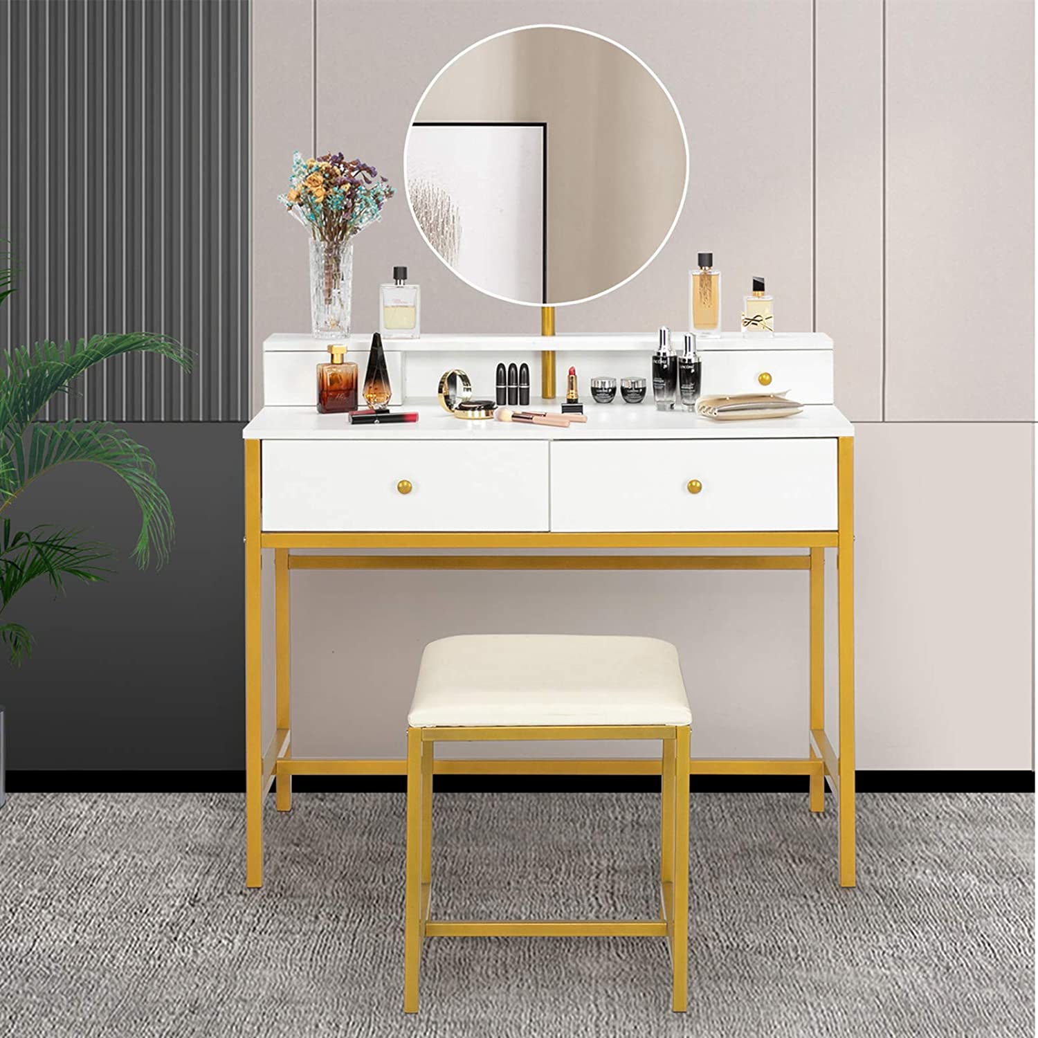 Large Vanity Set Vanity Table with Frameless Round Mirror Makeup Dressing Table Set with 2 Large Table Drawers, 2 Small Drawers & Desktop Shelf Cushioned Stool for Women Girls in Bedroom