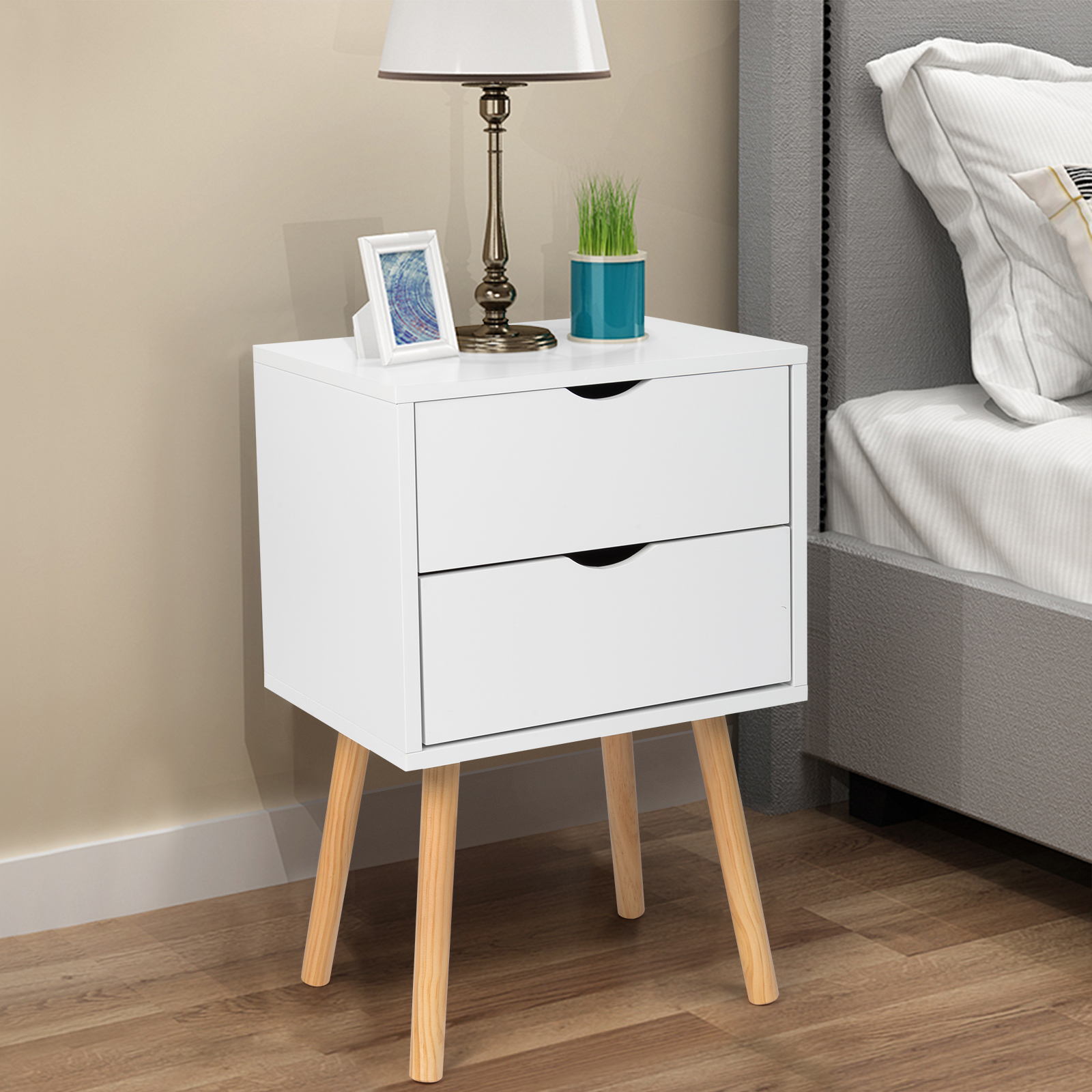 40*30*60cm Simple And Modern White Cabinet, Wood Color Legs, MDF Spray Paint, High Legs, Two Drawers, Bedside Table 