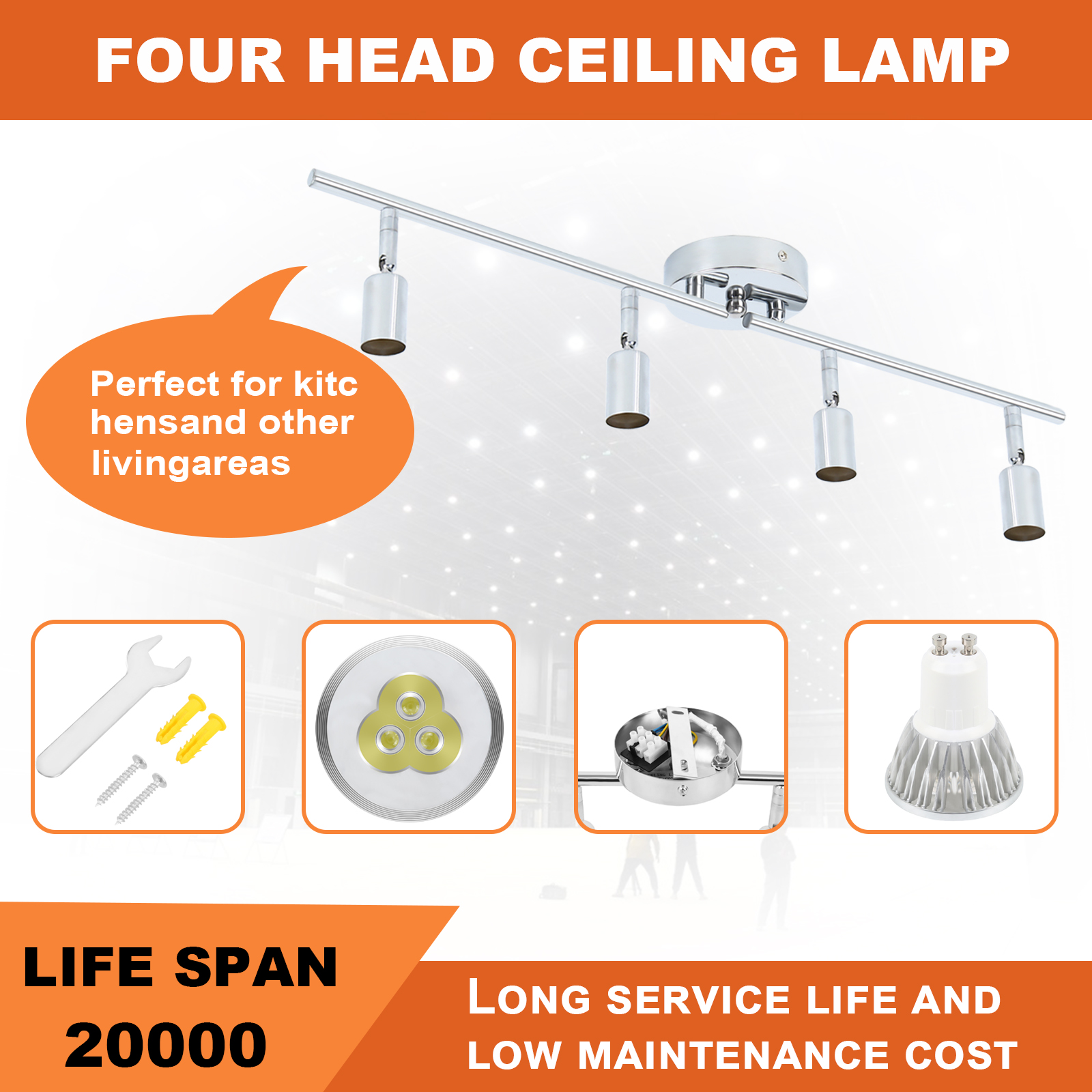 Adjustable LED Spotlight Ceiling Lamp for Living Room Bedroom Kitchen Deco 4 Heads Rotatable GU10 Spot Lights Bulbs 