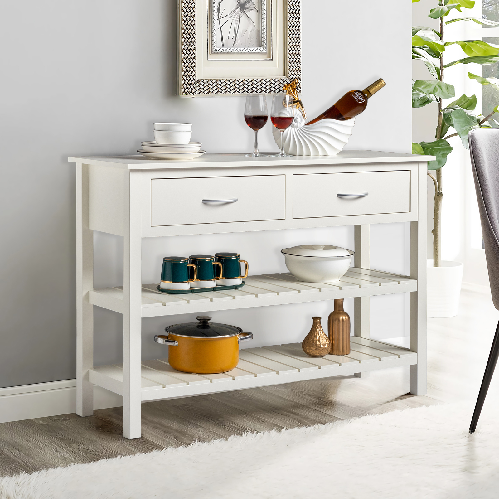 3-Tier Console Table with 2 Drawers， Console Tables for Entryway, Sofa Table with Storage Shelves, Entryway Table Behind Sofa Couch, for Living Room, Kitchen, Cream White