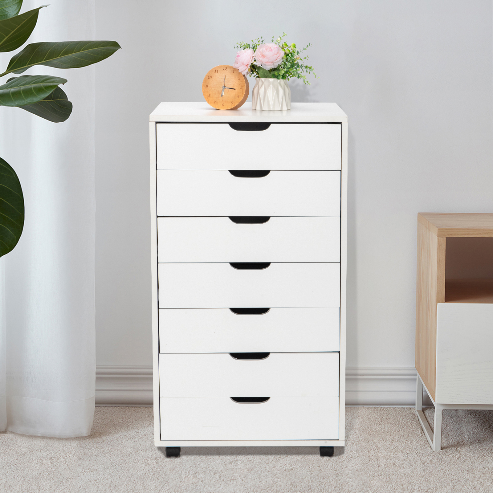 5-Drawer Wood Filing Cabinet, Mobile Storage Cabinet for Closet / Office White Color 