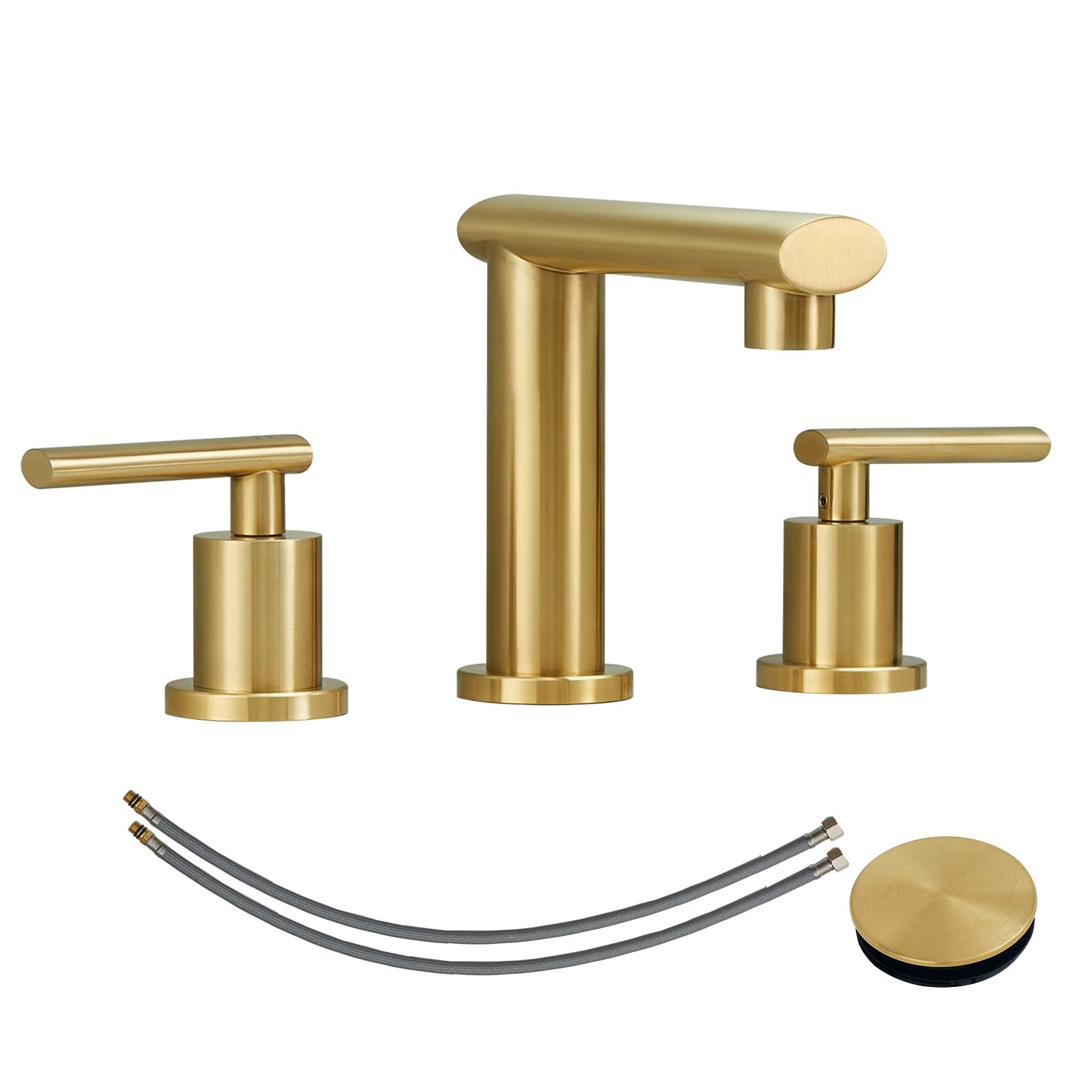 Brushed Gold 3-Hole Low-Arch 8 Inch Widespread Bathroom Faucet, Vanity Sink Faucet with Metal Pop Up Drain Assembly and Water Supply Lines for Lavatory