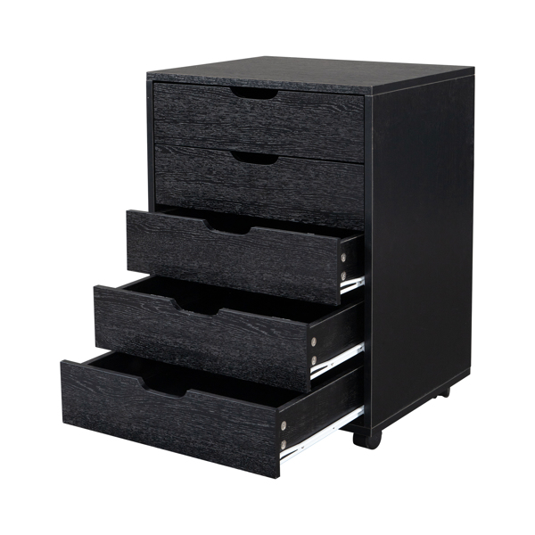 黑色带木纹 刨花板贴三胺 五抽 木制文件柜 可移动 N002-15