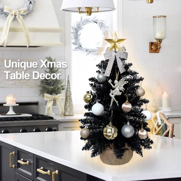 60cm黑色圣诞树带LED灯  人造迷你桌面圣诞装饰  精美饰品适用于家庭公寓办公室  -9