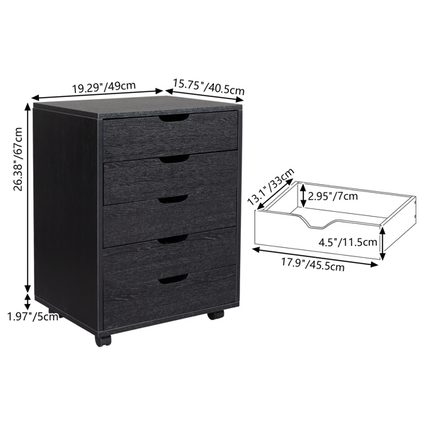  黑色带木纹 刨花板贴三胺 五抽 木制文件柜 可移动 N002-8