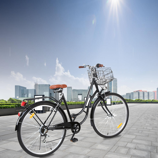 28英寸7速城市自行车复古女士自行车户外运动城市自行车购物自行车妇女自行车带篮子（黑色）-2