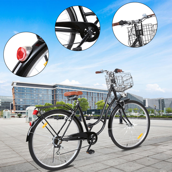 28英寸7速城市自行车复古女士自行车户外运动城市自行车购物自行车妇女自行车带篮子（黑色）-12