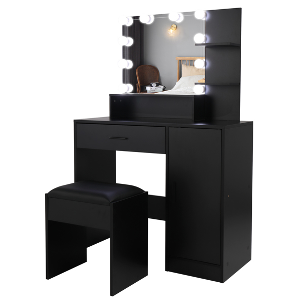 FCH 黑色 刨花板 一抽 一门 三层架 梳妆桌套装 三色调光 N001-2