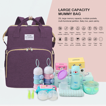 背包尿布袋大容量旅行尿布袋带可折叠婴儿床，男孩防水婴儿袋，USB 充电端口和婴儿车紫色
