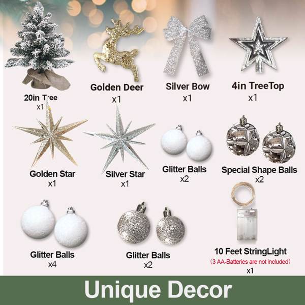 植绒圣诞树带LED灯 24英寸 带精美银色装饰品-6