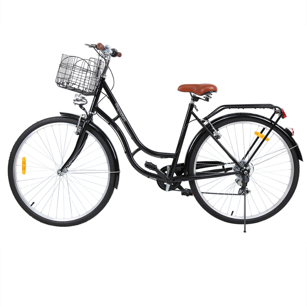 28英寸7速城市自行车复古女士自行车户外运动城市自行车购物自行车妇女自行车带篮子（黑色）-1
