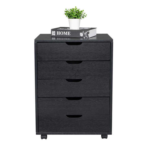  黑色带木纹 刨花板贴三胺 五抽 木制文件柜 可移动 N002-9