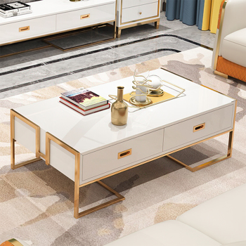 现代 4 抽屉矩形咖啡桌，带漆金底座的钢化玻璃咖啡桌，51.18 英寸，白色