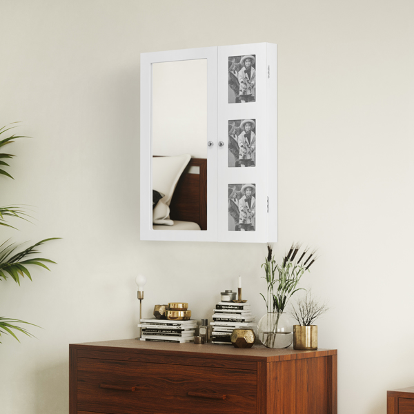  半镜面挂墙式带3个相框1层3格 木制喷漆 黑色绒布白色柜体 饰品镜柜 60*44*10cm N001-11