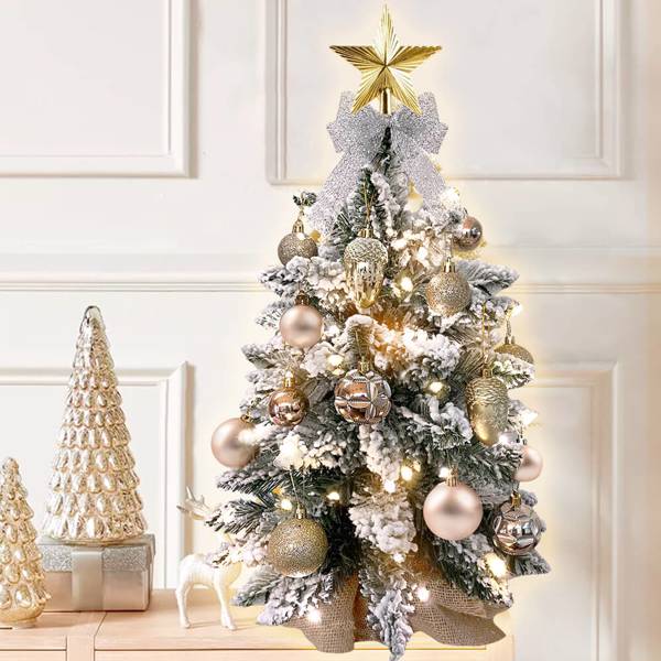 55cm植绒圣诞树带LED灯  人造迷你桌面圣诞装饰  精美饰品适用于家庭公寓办公室  金色-1