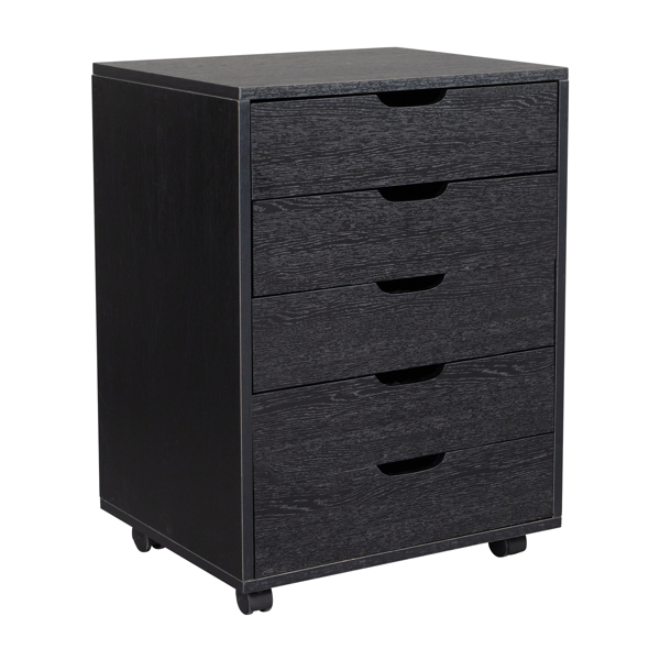  黑色带木纹 刨花板贴三胺 五抽 木制文件柜 可移动 N002-16