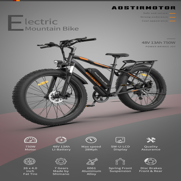 AOSTIRMOTOR电动自行车26"胖轮胎750W电机48V13Ah可拆卸锂电池-9