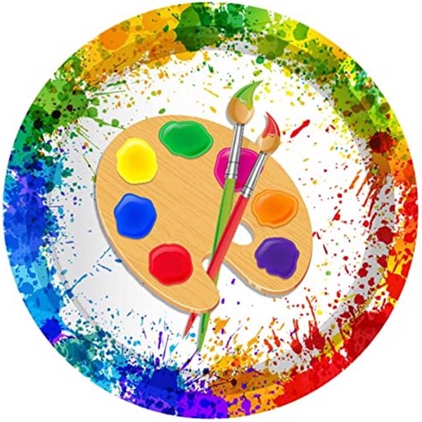 艺术家绘画派对用品生日纸牌一次性餐具套装艺术调色板颜料餐具婴儿淋浴派对餐具为8位客人提供儿童餐盘、餐巾纸、杯子68件-4