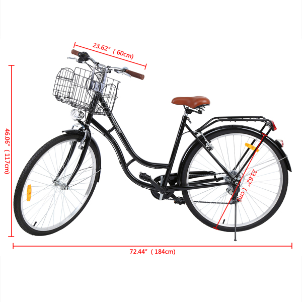 28英寸7速城市自行车复古女士自行车户外运动城市自行车购物自行车妇女自行车带篮子（黑色）-14