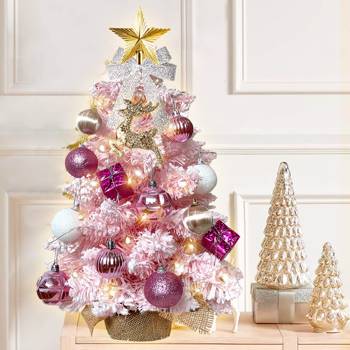 60cm植绒圣诞树带LED灯  人造迷你桌面圣诞装饰  精美饰品适用于家庭公寓办公室  粉色