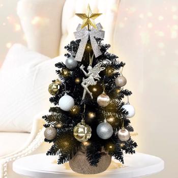 60cm黑色圣诞树带LED灯  人造迷你桌面圣诞装饰  精美饰品适用于家庭公寓办公室 